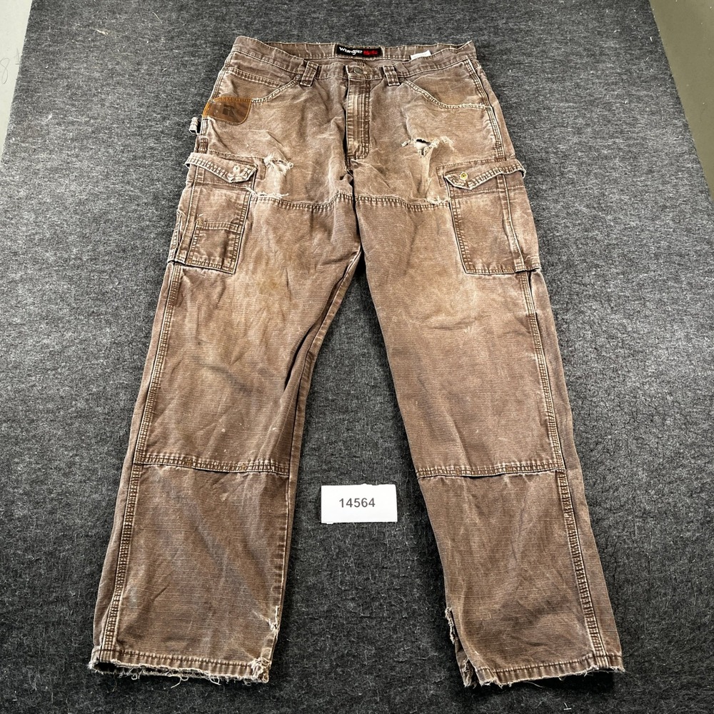 Thrashed Wrangler Riggs Cargo Pants Mens 36x34 Brown Cotton Utility Pocket